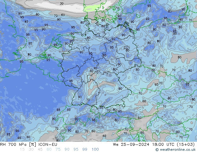 Humidité rel. 700 hPa ICON-EU mer 25.09.2024 18 UTC