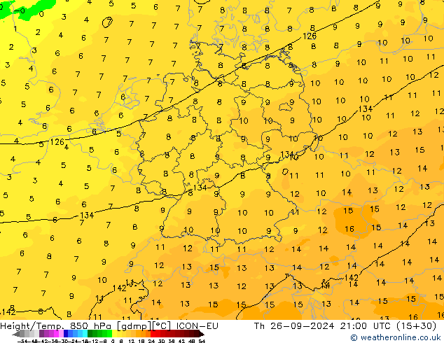 Height/Temp. 850 hPa ICON-EU  26.09.2024 21 UTC