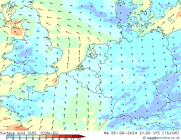 Bodenwind (bft) ICON-EU Mi 25.09.2024 21 UTC