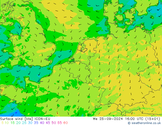 Rüzgar 10 m ICON-EU Çar 25.09.2024 16 UTC