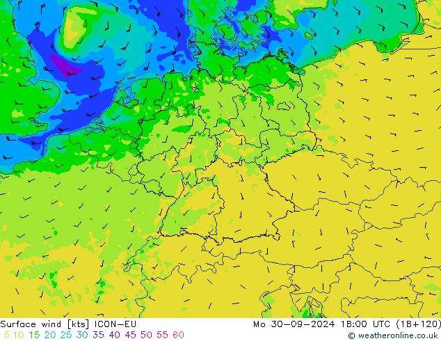 Surface wind ICON-EU Mo 30.09.2024 18 UTC