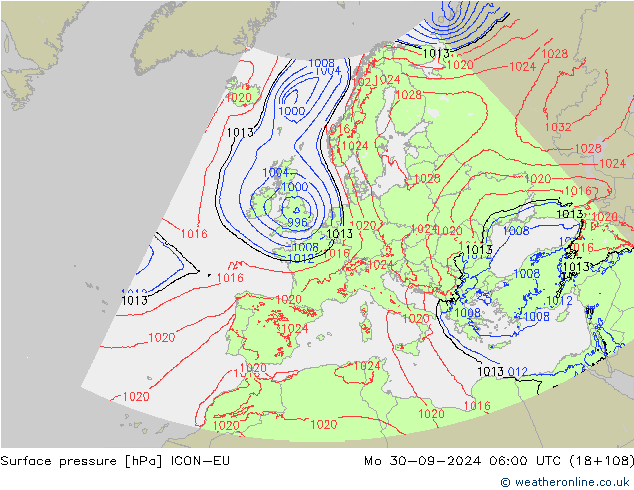 pressão do solo ICON-EU Seg 30.09.2024 06 UTC