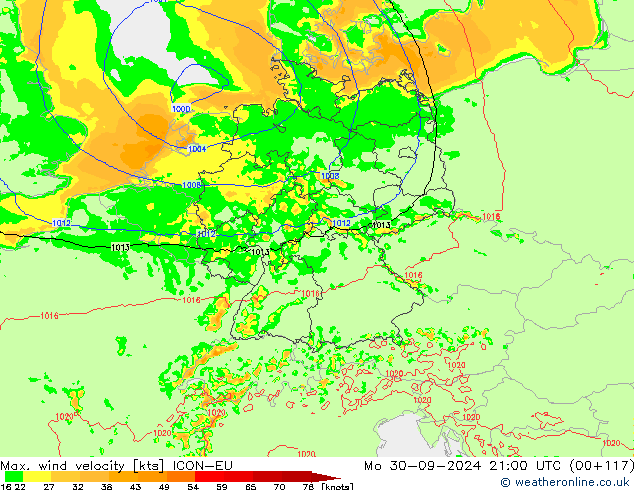 Max. wind velocity ICON-EU пн 30.09.2024 21 UTC