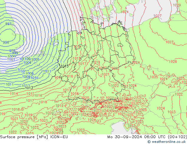 Surface pressure ICON-EU Mo 30.09.2024 06 UTC