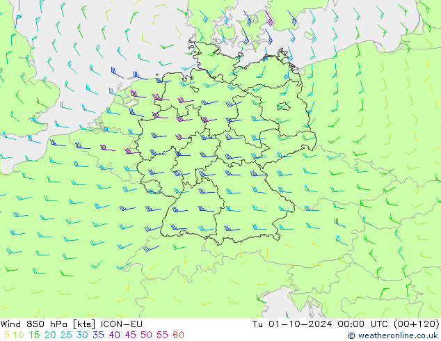 风 850 hPa ICON-EU 星期二 01.10.2024 00 UTC