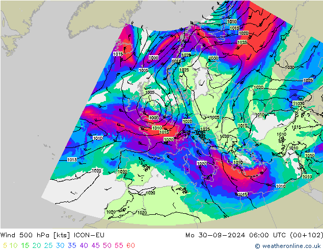 Vento 500 hPa ICON-EU lun 30.09.2024 06 UTC