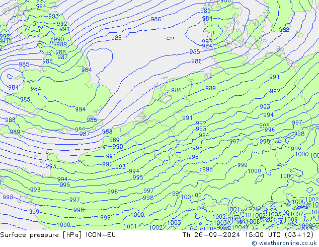 Atmosférický tlak ICON-EU Čt 26.09.2024 15 UTC