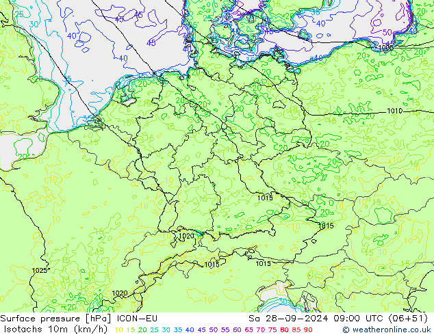 Isotaca (kph) ICON-EU sáb 28.09.2024 09 UTC