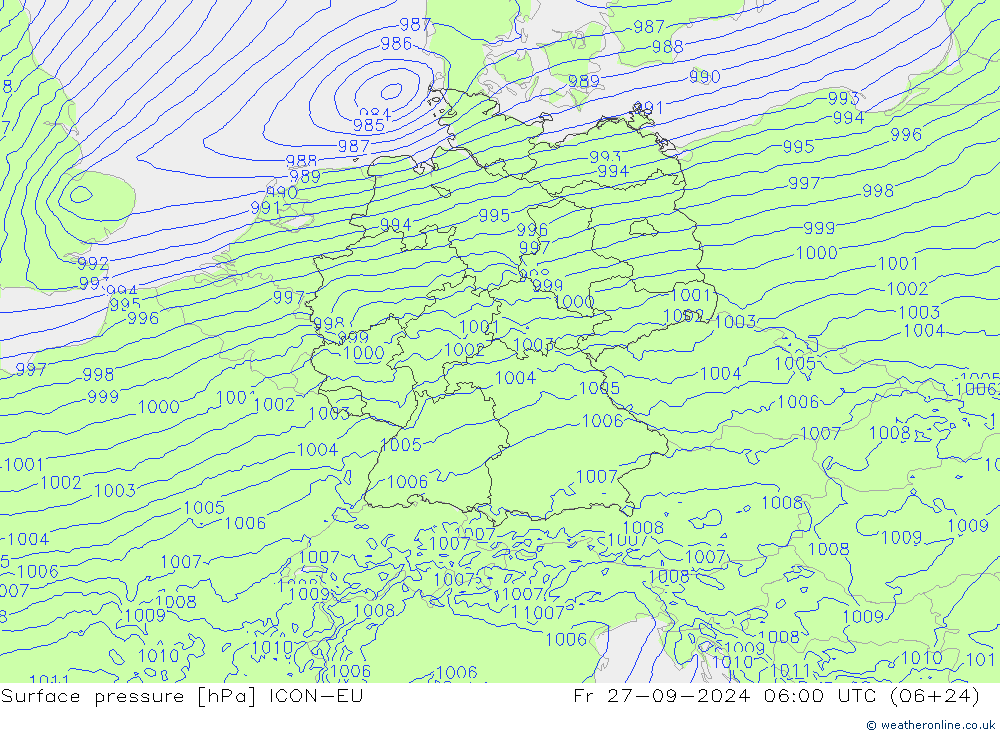 Surface pressure ICON-EU Fr 27.09.2024 06 UTC