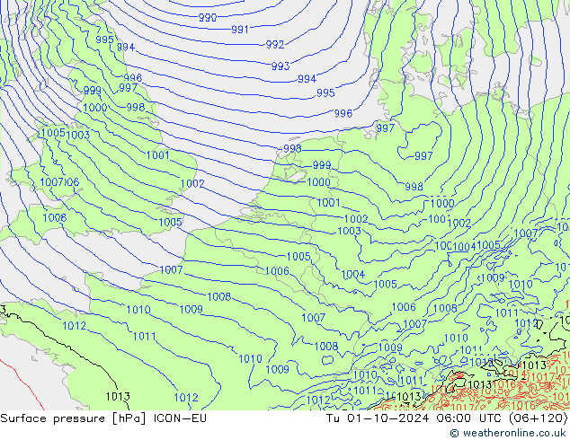 Atmosférický tlak ICON-EU Út 01.10.2024 06 UTC