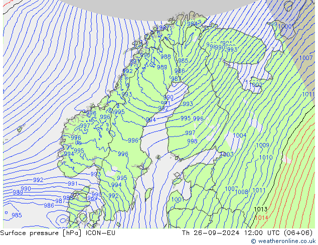 Surface pressure ICON-EU Th 26.09.2024 12 UTC