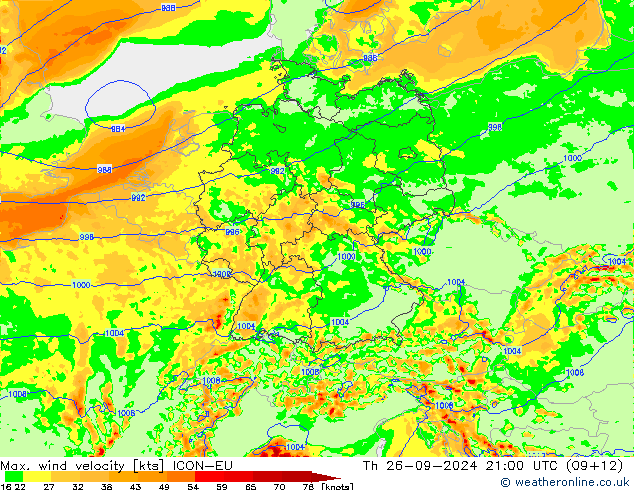 Max. wind velocity ICON-EU Čt 26.09.2024 21 UTC