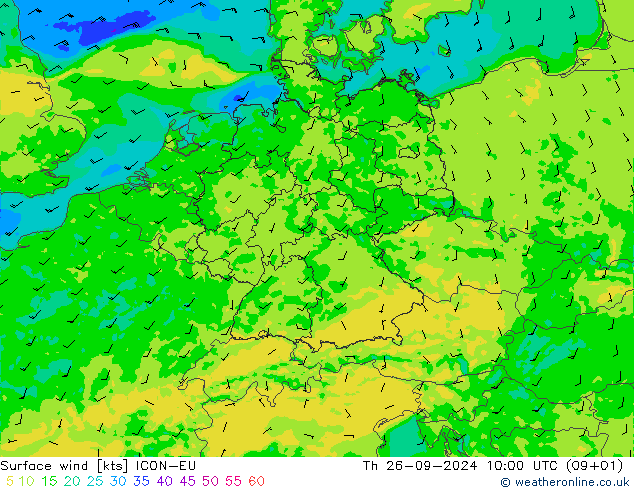 Viento 10 m ICON-EU jue 26.09.2024 10 UTC