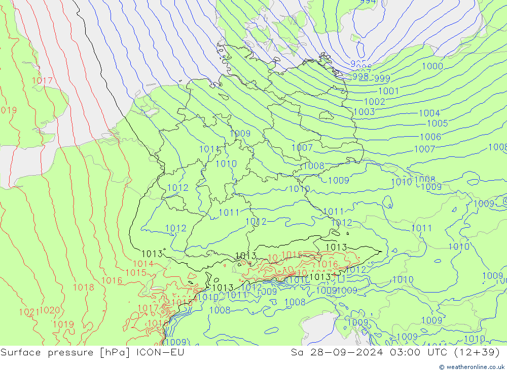 Presión superficial ICON-EU sáb 28.09.2024 03 UTC