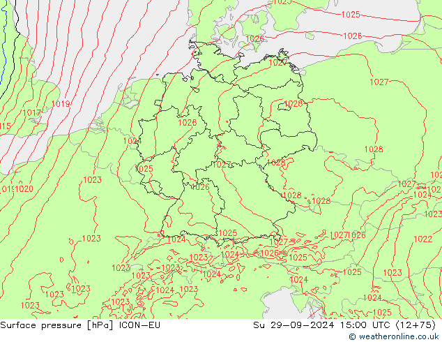 Surface pressure ICON-EU Su 29.09.2024 15 UTC