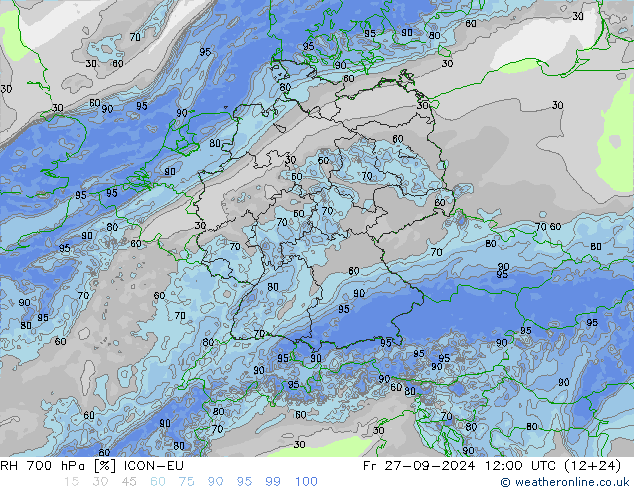 RH 700 hPa ICON-EU Fr 27.09.2024 12 UTC