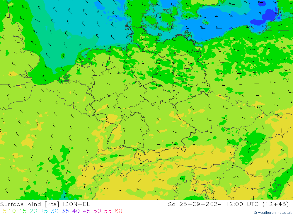 Vento 10 m ICON-EU sab 28.09.2024 12 UTC