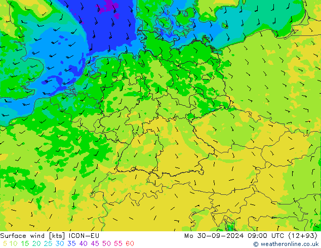 Surface wind ICON-EU Mo 30.09.2024 09 UTC