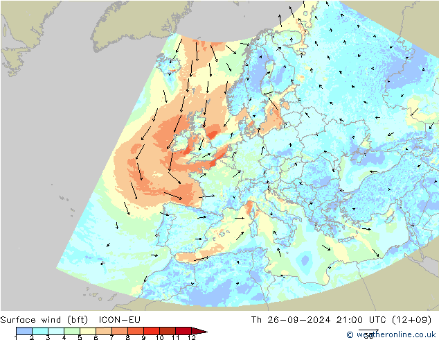 Vento 10 m (bft) ICON-EU Qui 26.09.2024 21 UTC