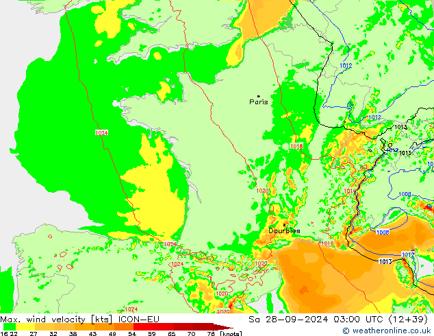 Max. wind velocity ICON-EU Sa 28.09.2024 03 UTC