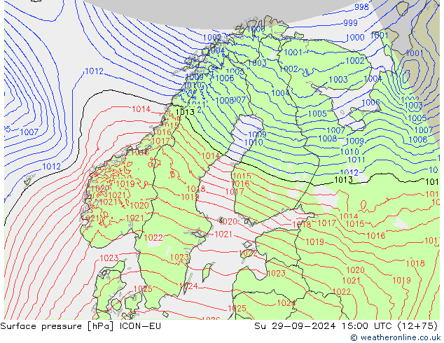 Surface pressure ICON-EU Su 29.09.2024 15 UTC