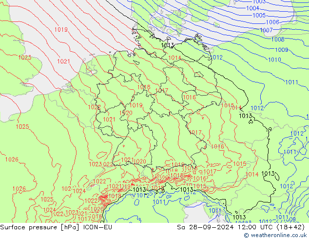 Surface pressure ICON-EU Sa 28.09.2024 12 UTC