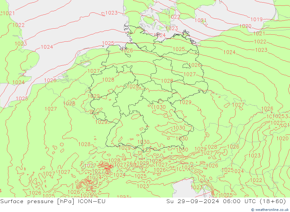 Presión superficial ICON-EU dom 29.09.2024 06 UTC