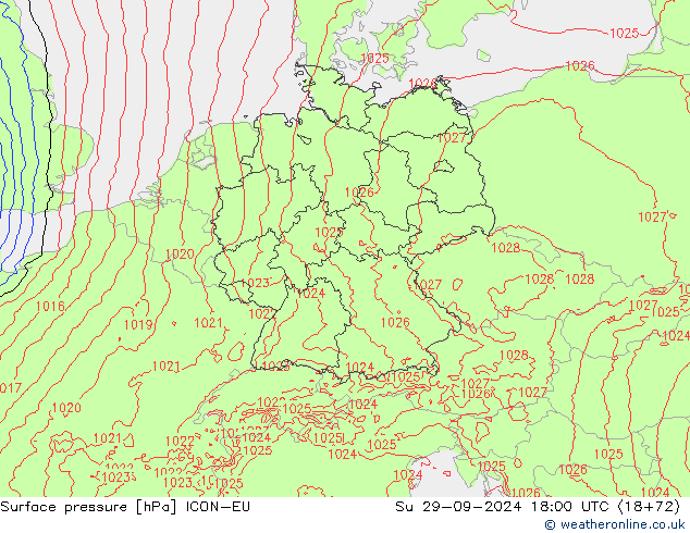 pressão do solo ICON-EU Dom 29.09.2024 18 UTC