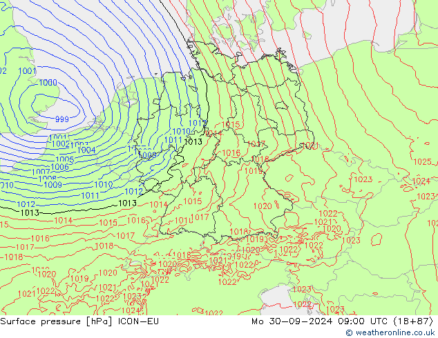 Presión superficial ICON-EU lun 30.09.2024 09 UTC