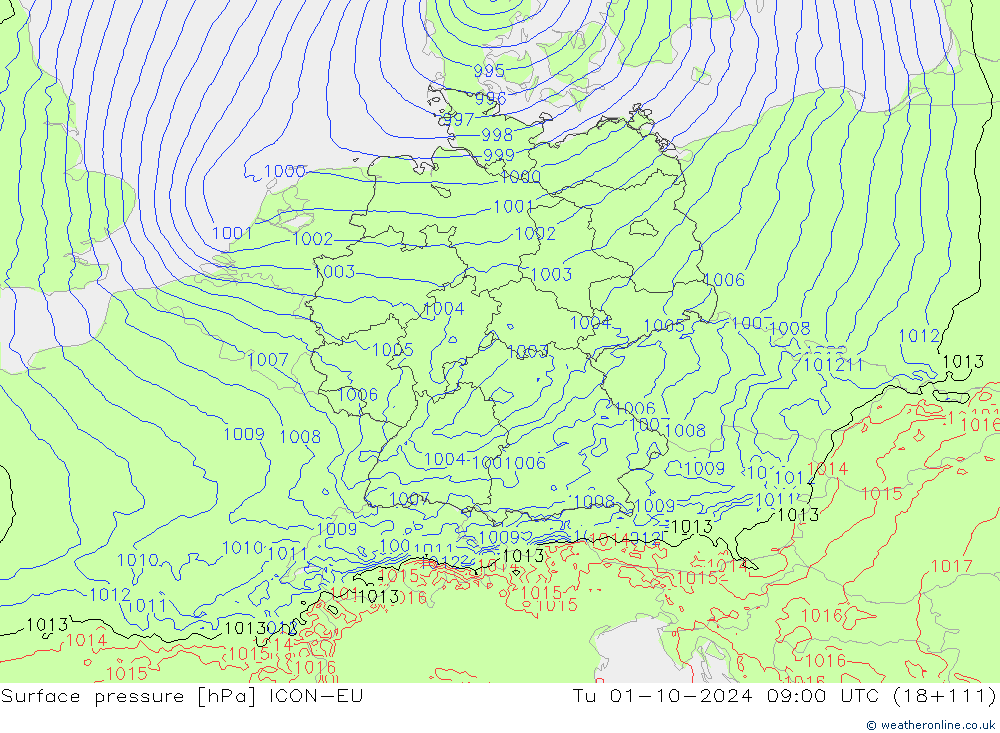 Surface pressure ICON-EU Tu 01.10.2024 09 UTC