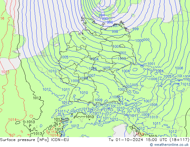 Atmosférický tlak ICON-EU Út 01.10.2024 15 UTC