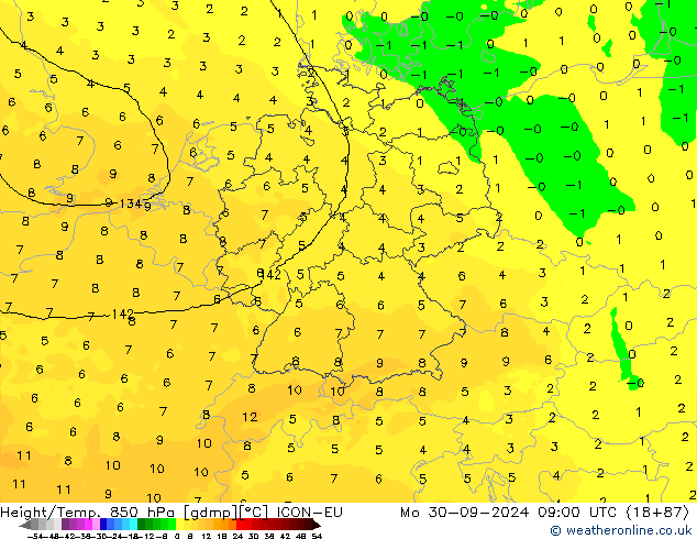 Height/Temp. 850 hPa ICON-EU lun 30.09.2024 09 UTC