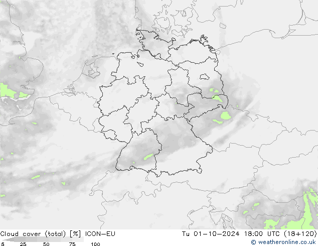 Cloud cover (total) ICON-EU Tu 01.10.2024 18 UTC