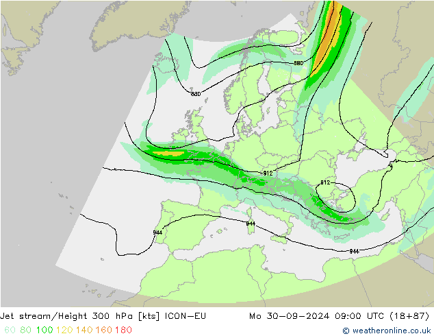 Jet stream/Height 300 hPa ICON-EU Po 30.09.2024 09 UTC