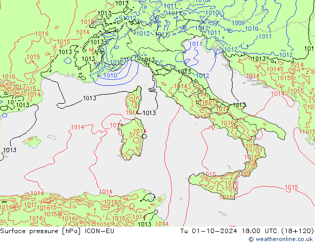 Surface pressure ICON-EU Tu 01.10.2024 18 UTC