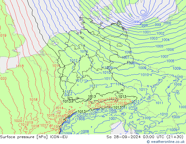 Surface pressure ICON-EU Sa 28.09.2024 03 UTC