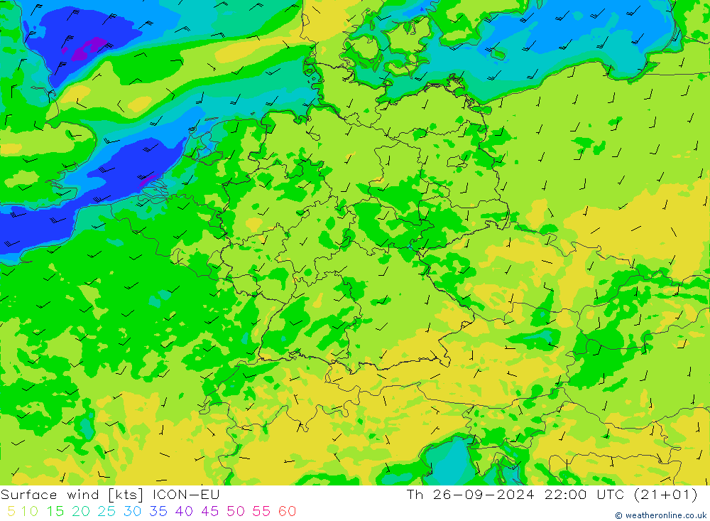 Surface wind ICON-EU Th 26.09.2024 22 UTC