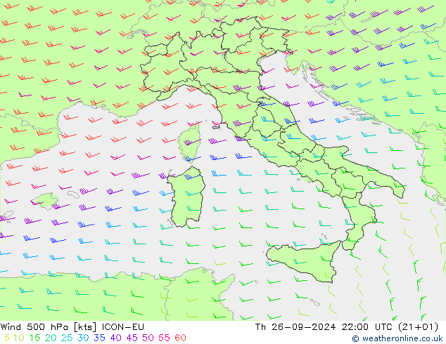 Vento 500 hPa ICON-EU Qui 26.09.2024 22 UTC