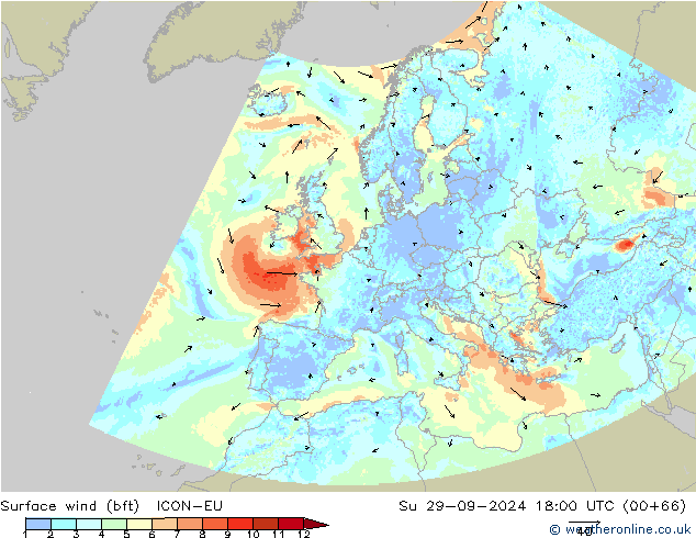 Surface wind (bft) ICON-EU Su 29.09.2024 18 UTC