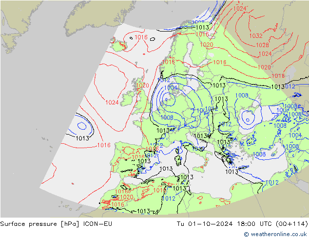 Presión superficial ICON-EU mar 01.10.2024 18 UTC