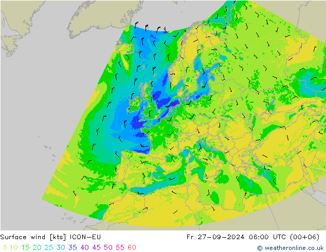 wiatr 10 m ICON-EU pt. 27.09.2024 06 UTC