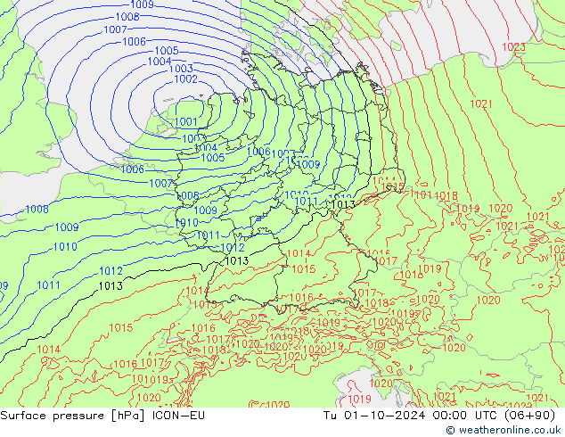 Surface pressure ICON-EU Tu 01.10.2024 00 UTC