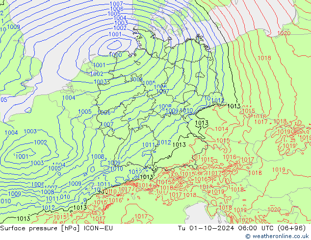 Surface pressure ICON-EU Tu 01.10.2024 06 UTC