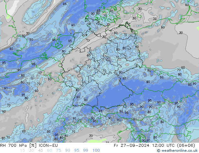 RH 700 hPa ICON-EU Fr 27.09.2024 12 UTC