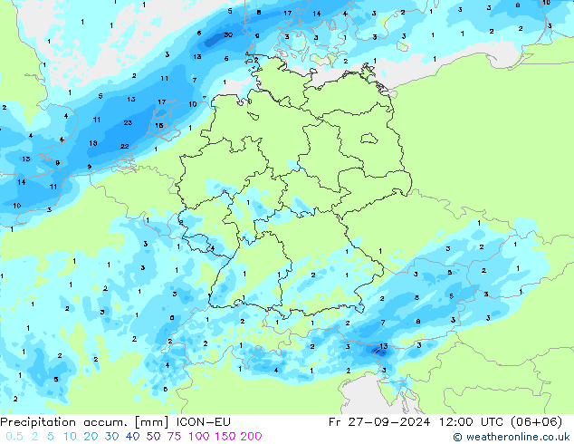 Precipitation accum. ICON-EU Fr 27.09.2024 12 UTC