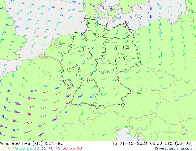 Wind 850 hPa ICON-EU di 01.10.2024 09 UTC