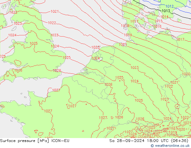 Surface pressure ICON-EU Sa 28.09.2024 18 UTC