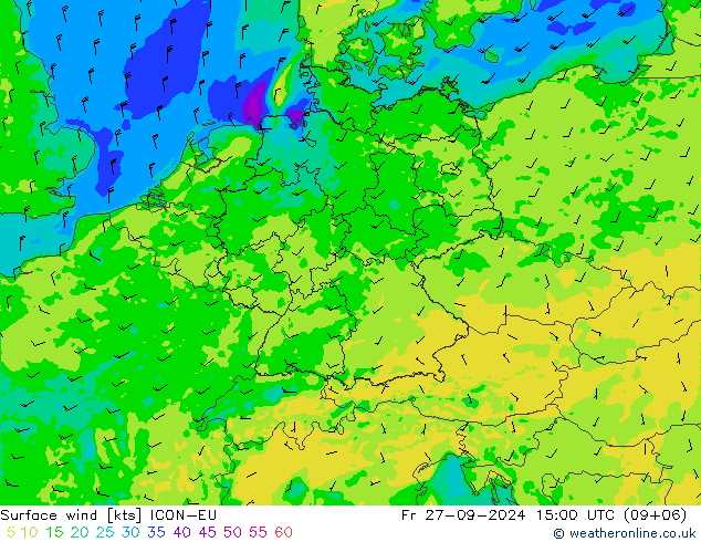 Wind 10 m ICON-EU vr 27.09.2024 15 UTC