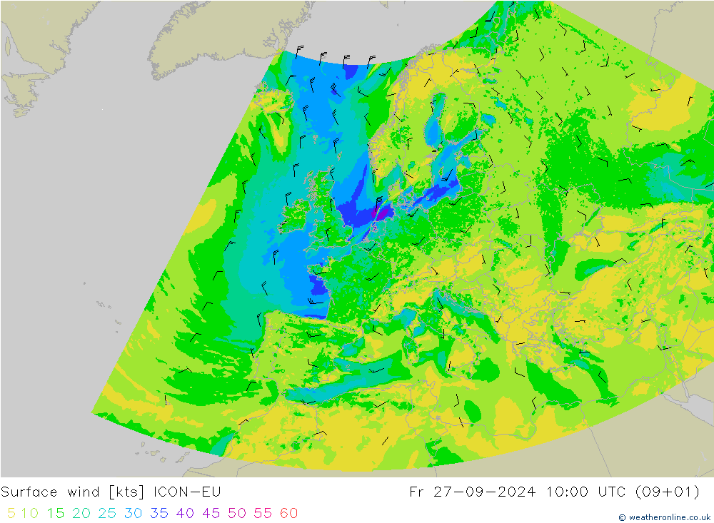 风 10 米 ICON-EU 星期五 27.09.2024 10 UTC