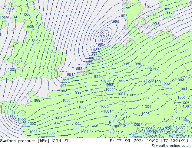 地面气压 ICON-EU 星期五 27.09.2024 10 UTC